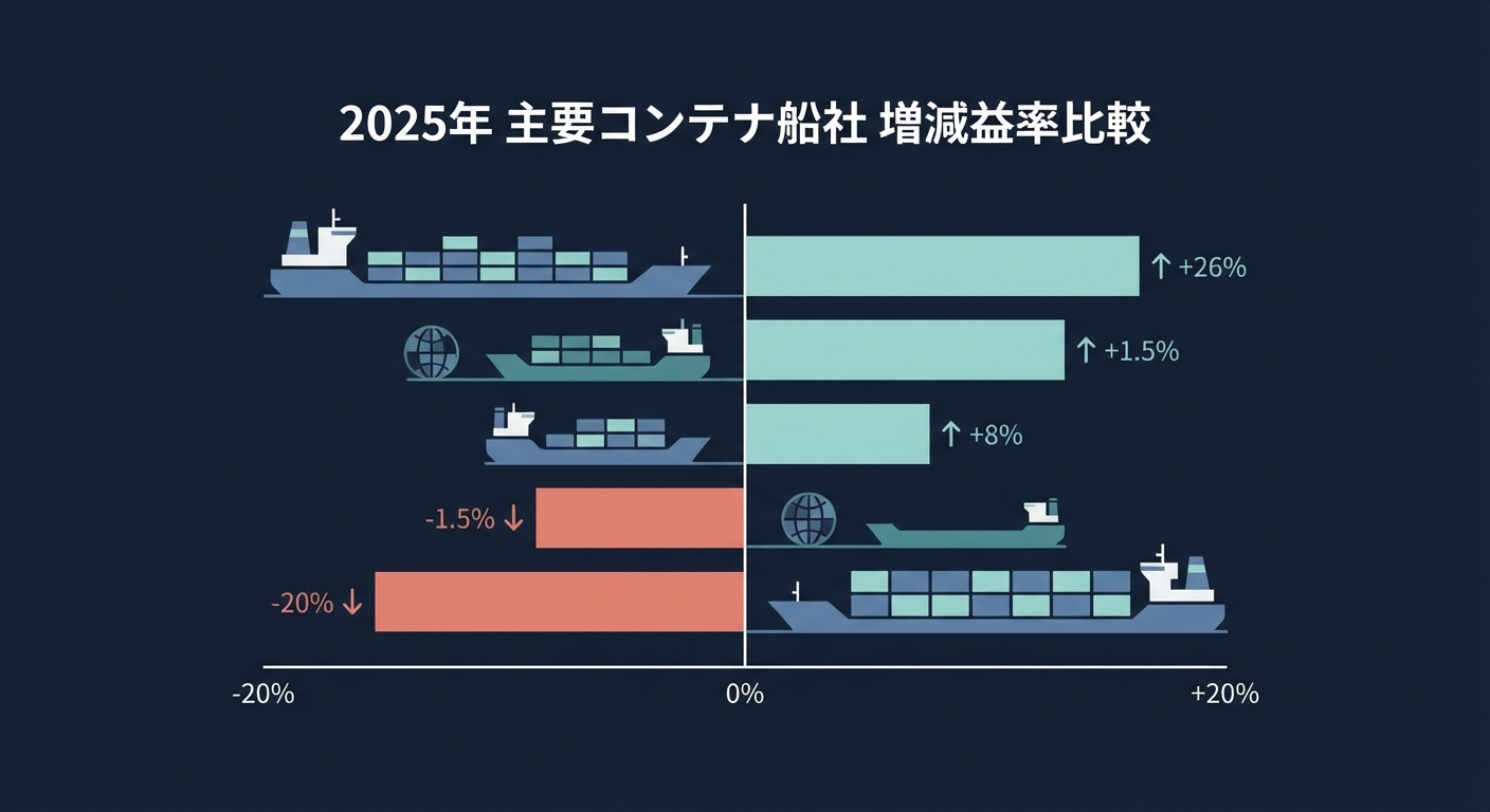 2025年主要コンテナ船社の増減益率比較グラフ