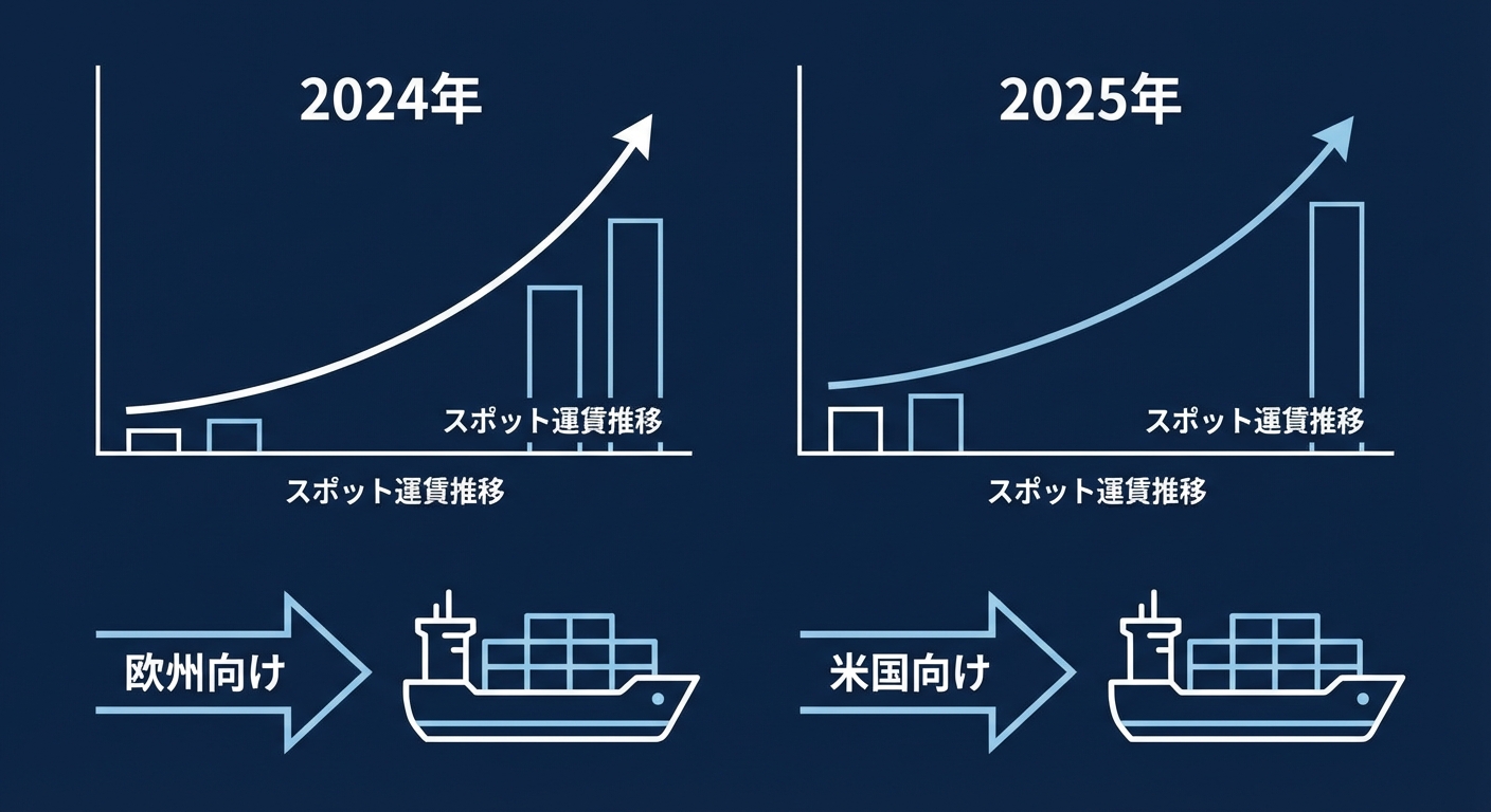 2024年・2025年のスポット運賃推移比較(欧州・米国向け)