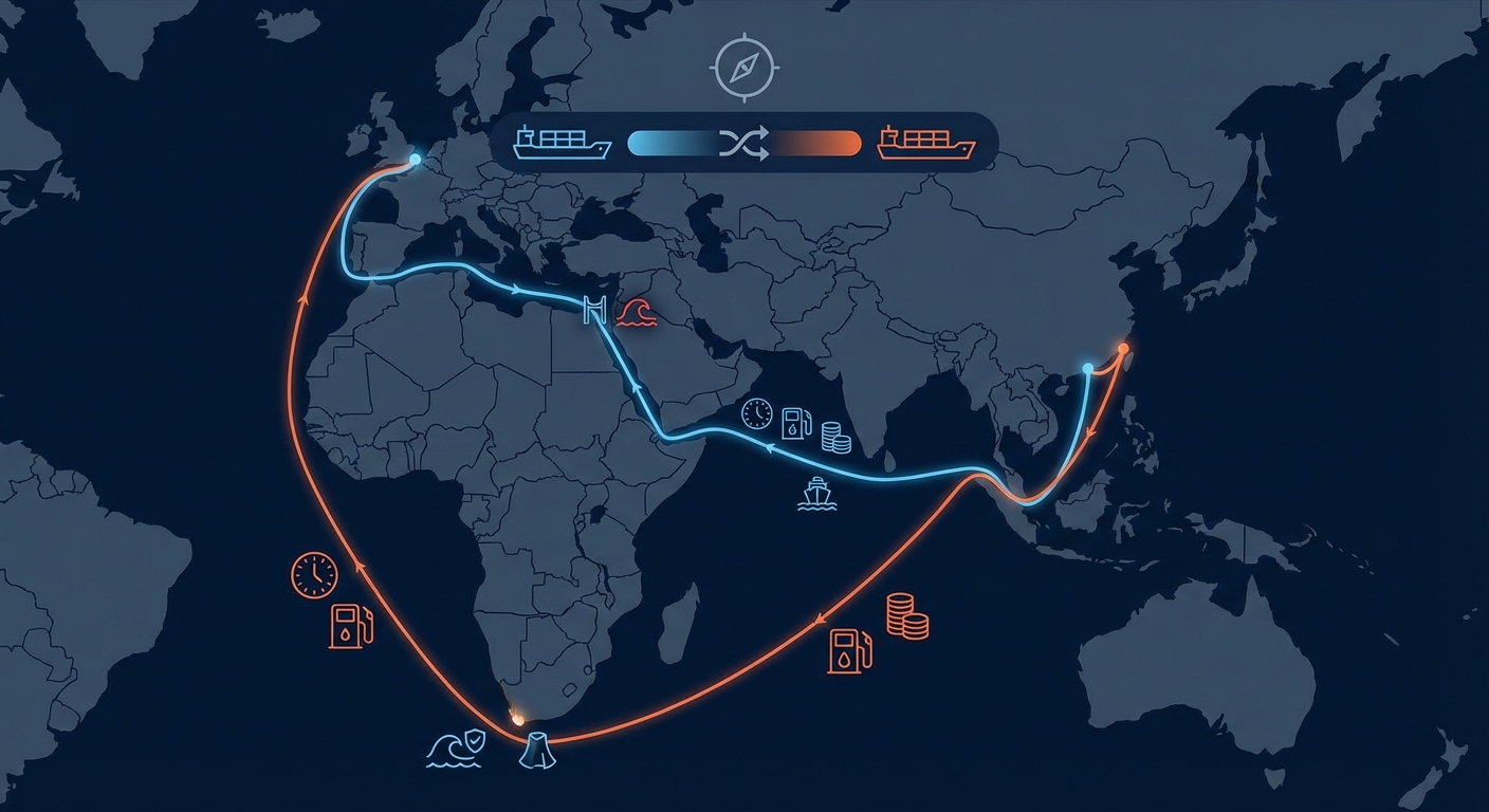 紅海迂回ルート(喜望峰経由)と通常ルート(スエズ運河経由)の比較図