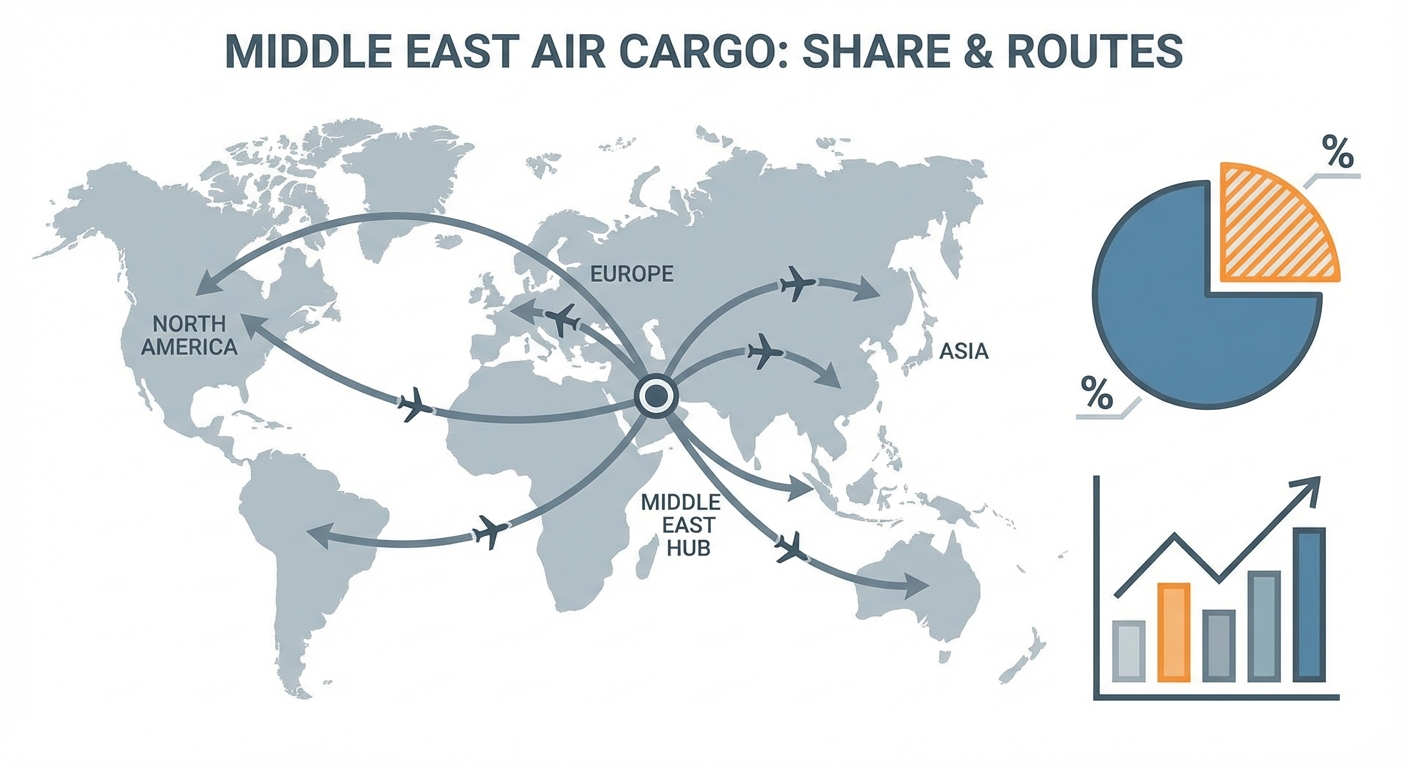 図解:中東系航空会社の世界航空貨物市場シェアと輸送ルート図