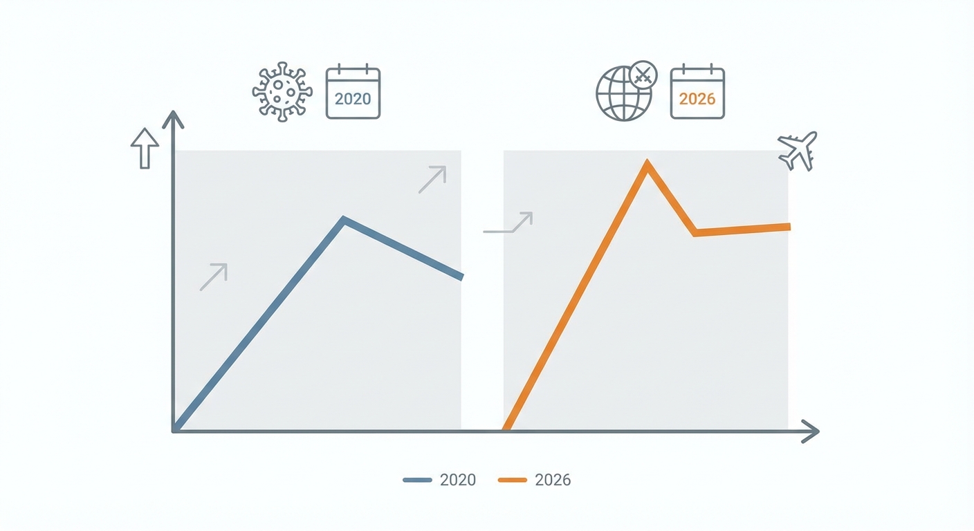 図解:2020年コロナ禍時と2026年中東危機時の航空貨物運賃推移比較グラフ