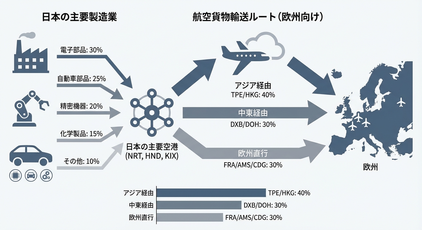 図解:日本の主要製造業における欧州向け航空貨物輸送ルートの内訳図