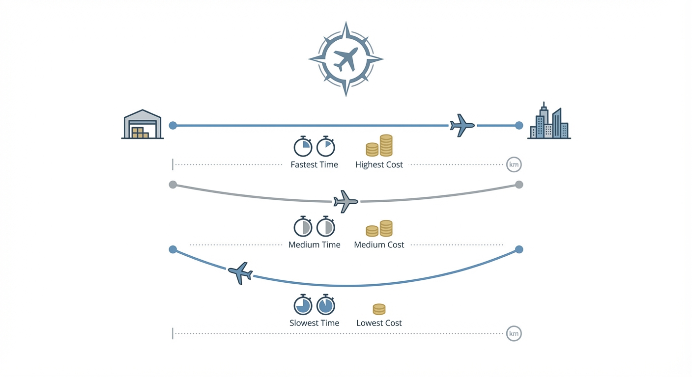 図解:代替航空貨物ルートの比較図(距離・時間・コスト)