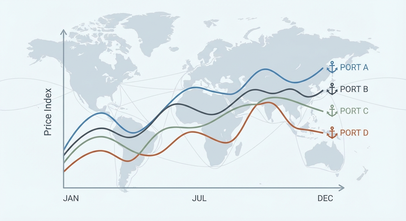 図解:世界主要港におけるバンカー価格の推移比較グラフ