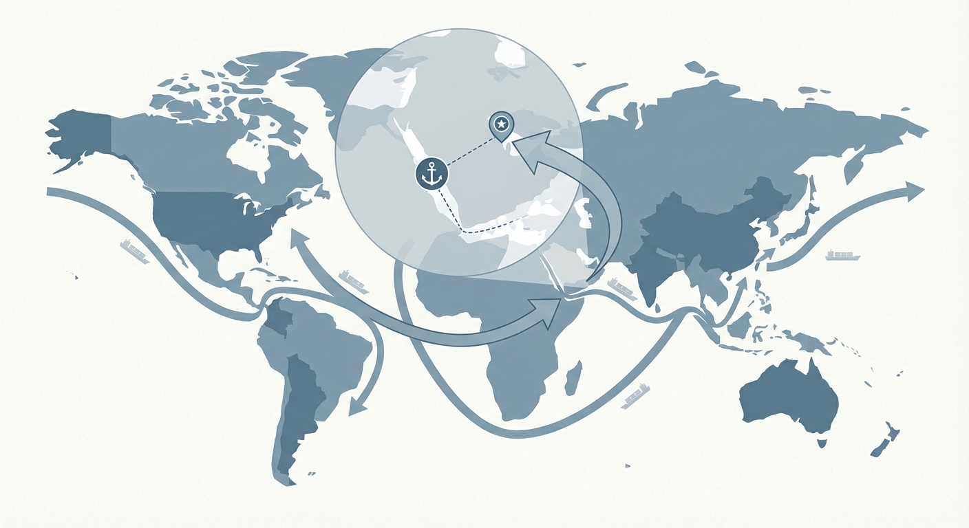 図解:ホルムズ海峡とフジャイラの位置関係、および世界の石油輸送ルート図