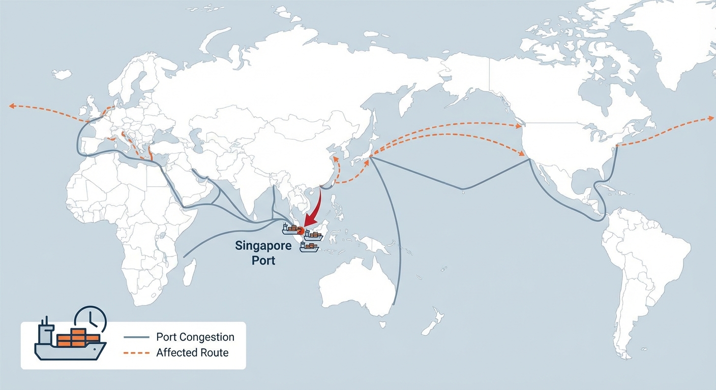 図解:シンガポール港の滞船状況と世界の海運ルートへの影響図