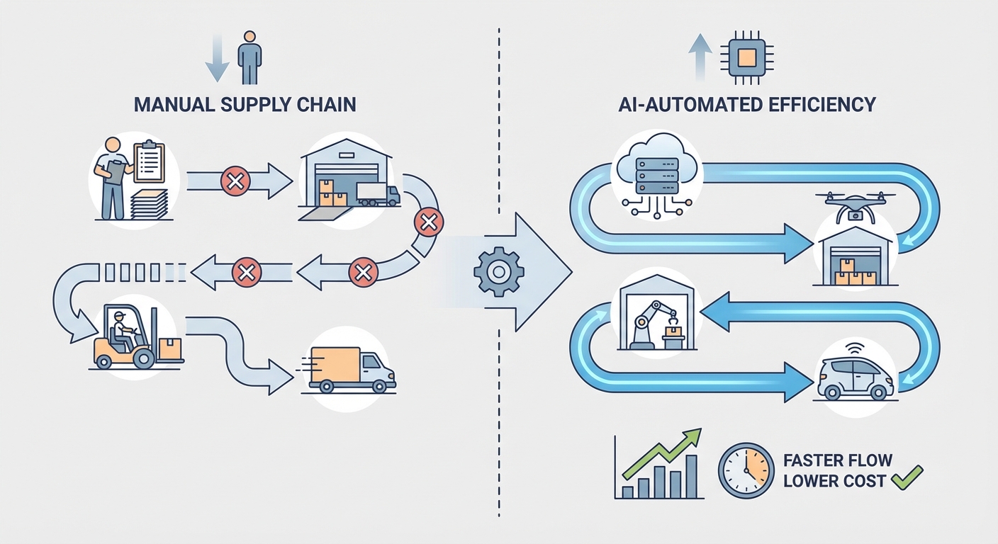 図解：従来の手作業依存サプライチェーン vs AI自動化後の効率化比較