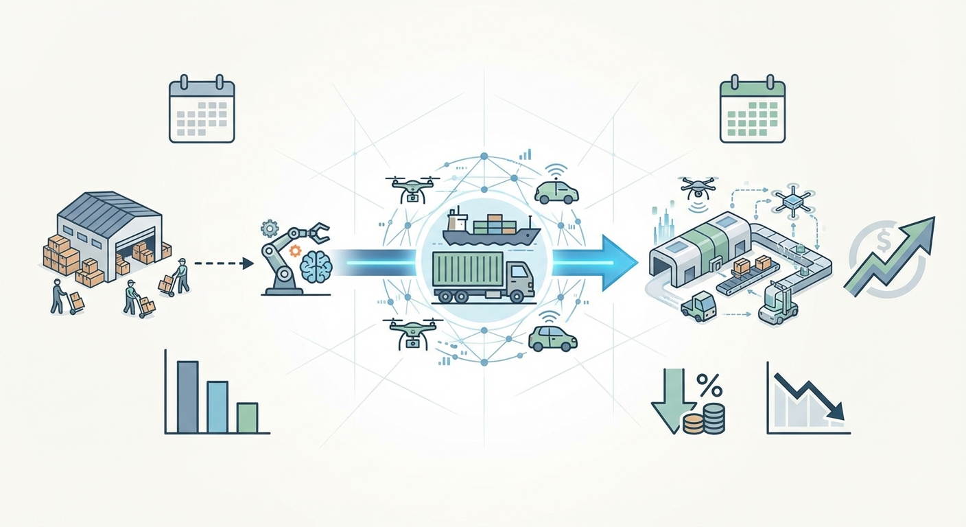 図解：AI自動化による物流コスト削減効果の将来予測