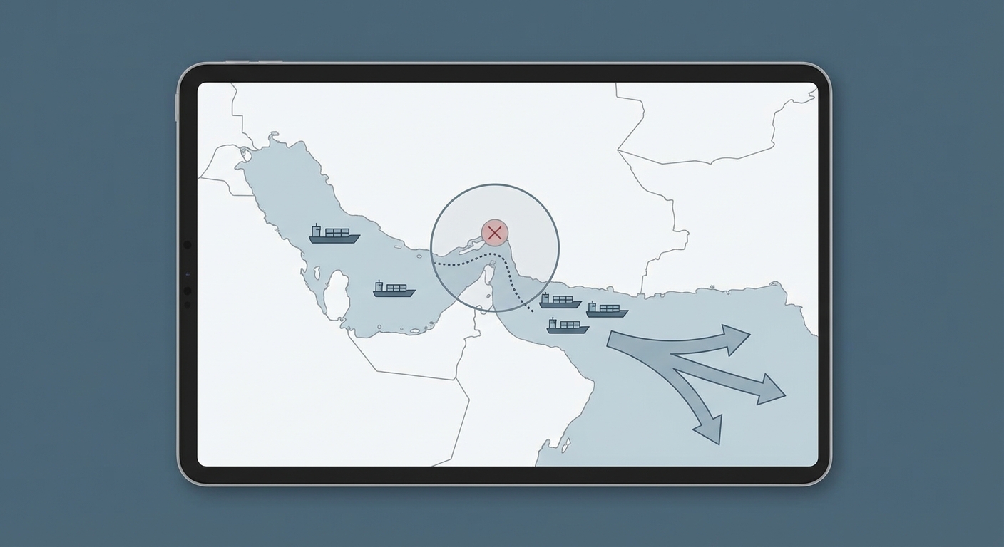 図解:ホルムズ海峡の位置と封鎖状況を示す地図