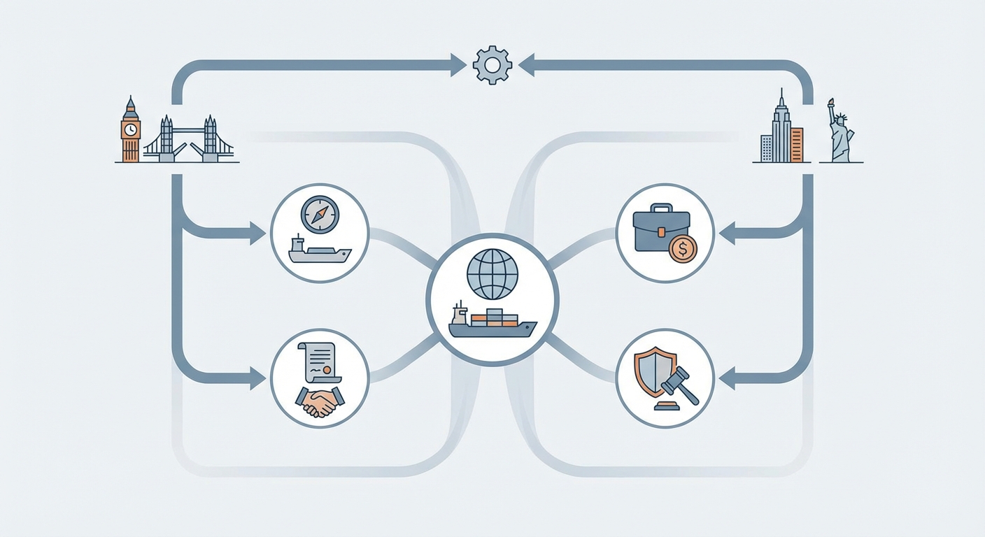 図解:ロンドンとニューヨークの海上保険市場の役割分担図