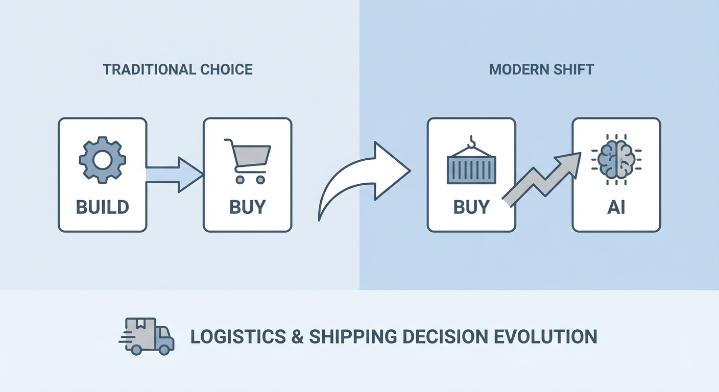 図解:従来の「Build vs Buy」から「Buy vs AI」への選択肢の変化を示す概念図