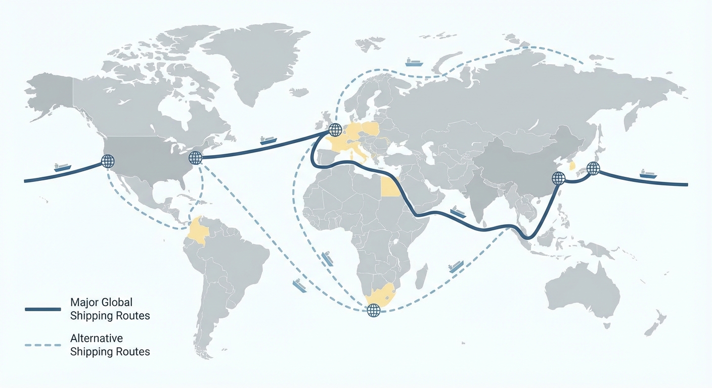 図解:世界の主要海運ルートと代替航路の比較図