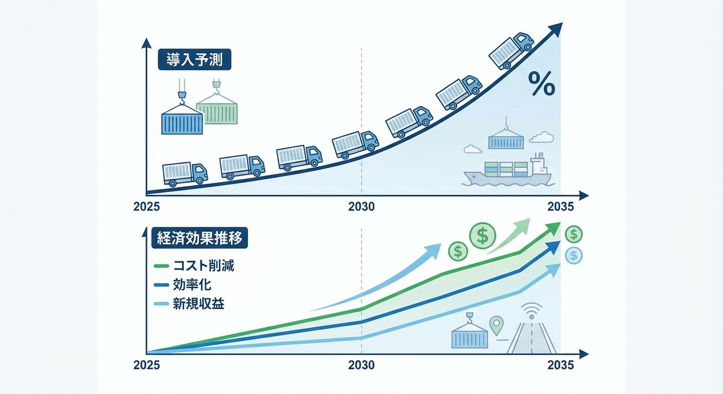 図解：2035年までの自動運転トラック導入予測と経済効果の推移グラフ