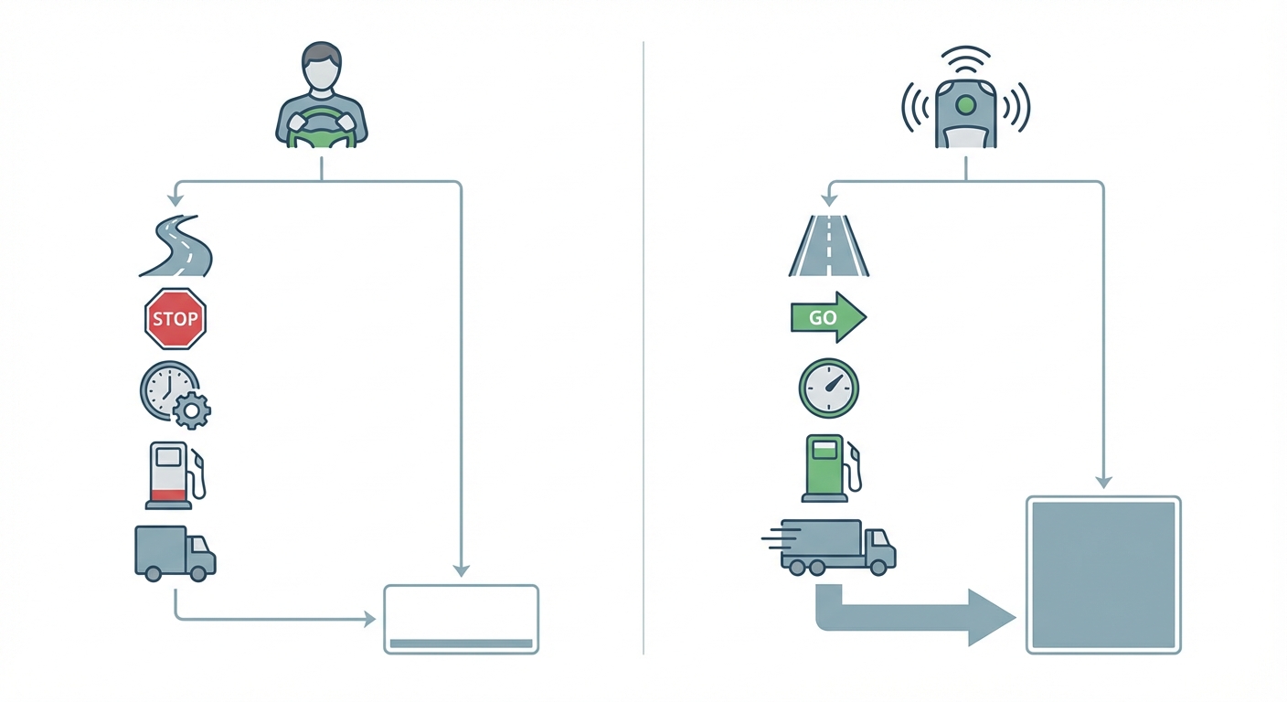 図解：従来運転と自動運転の運行効率比較図