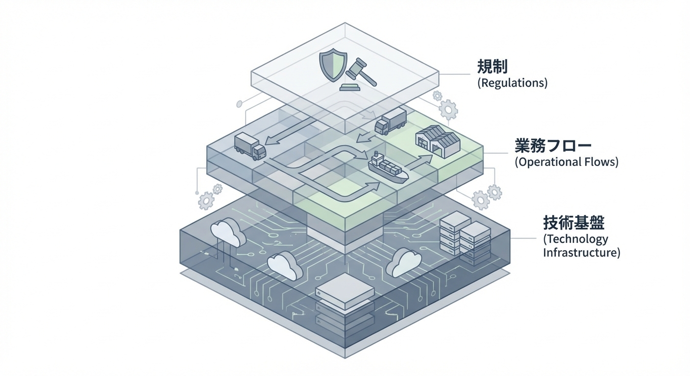 図解:物流システムの複雑性を示すレイヤー構造図(規制・業務フロー・技術基盤など)