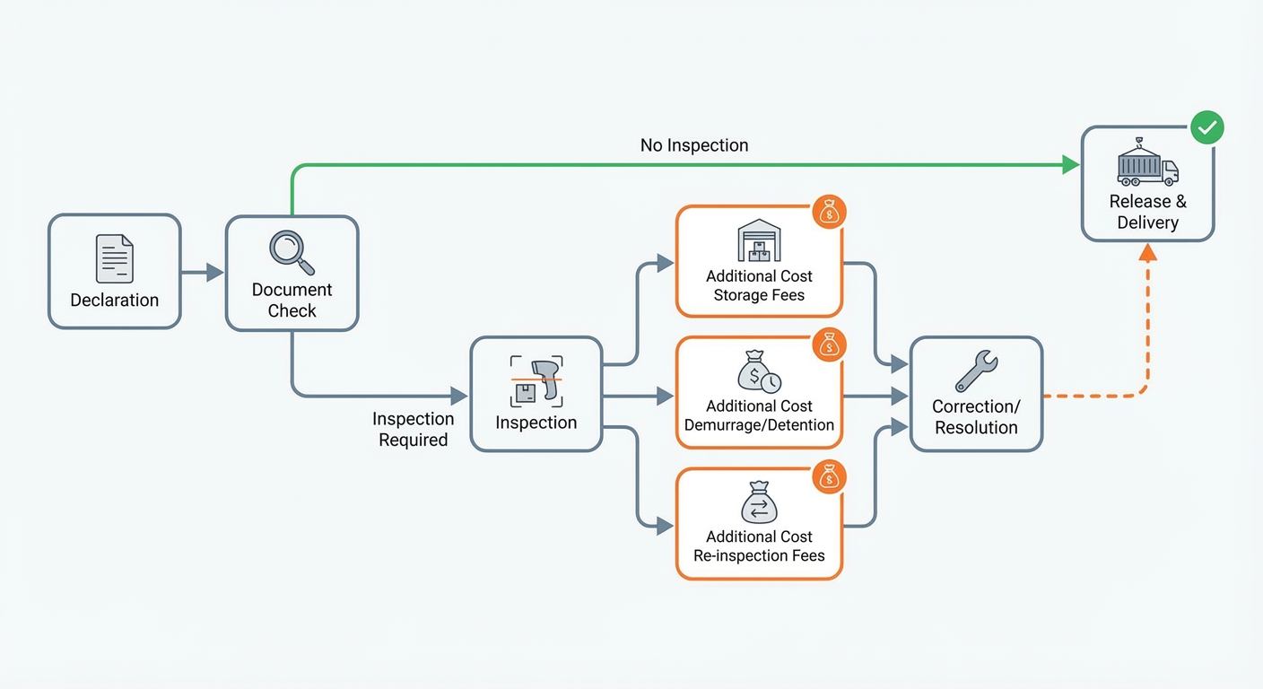 図解：税関検査フローと追加費用の発生パターン
