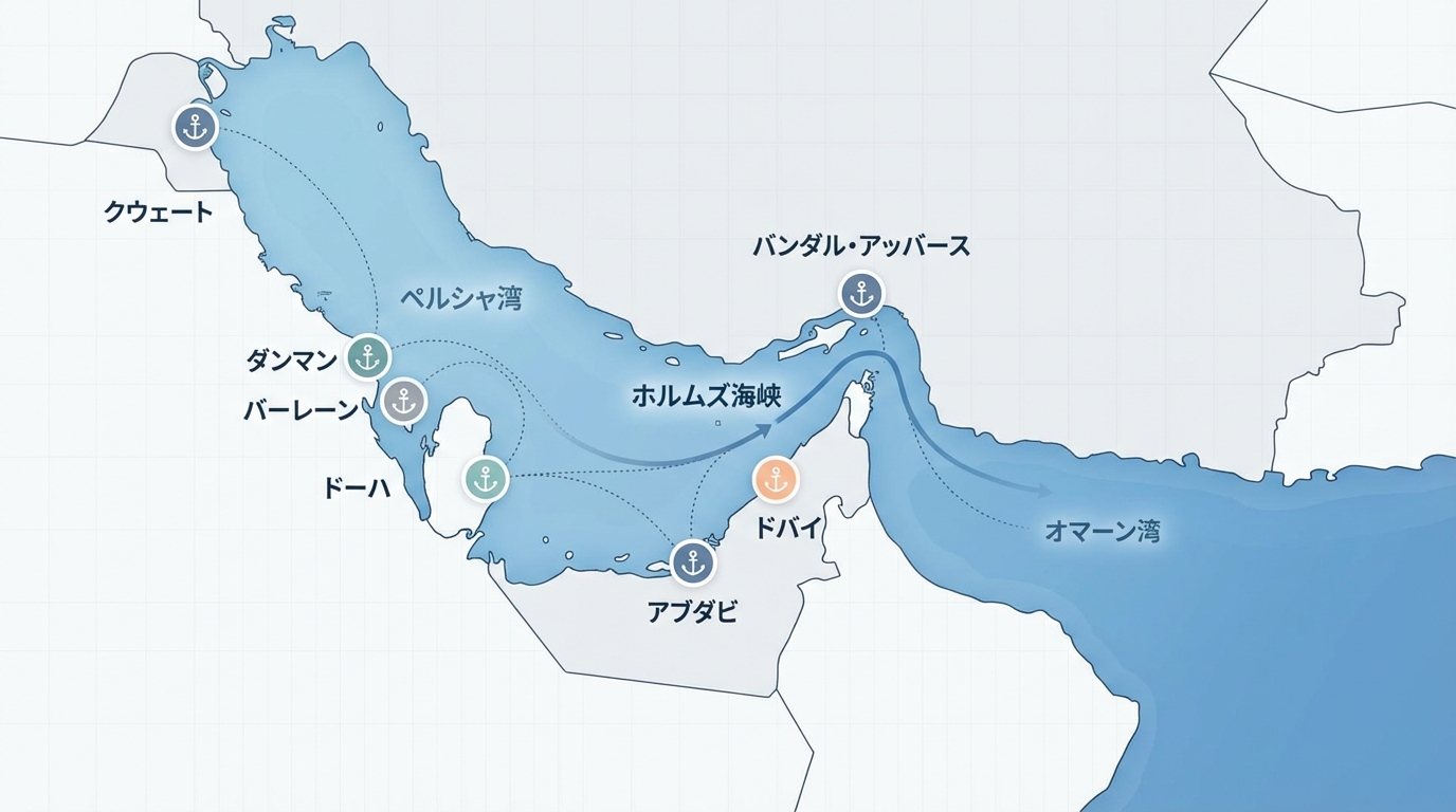図解:ホルムズ海峡とペルシャ湾の主要港湾位置図