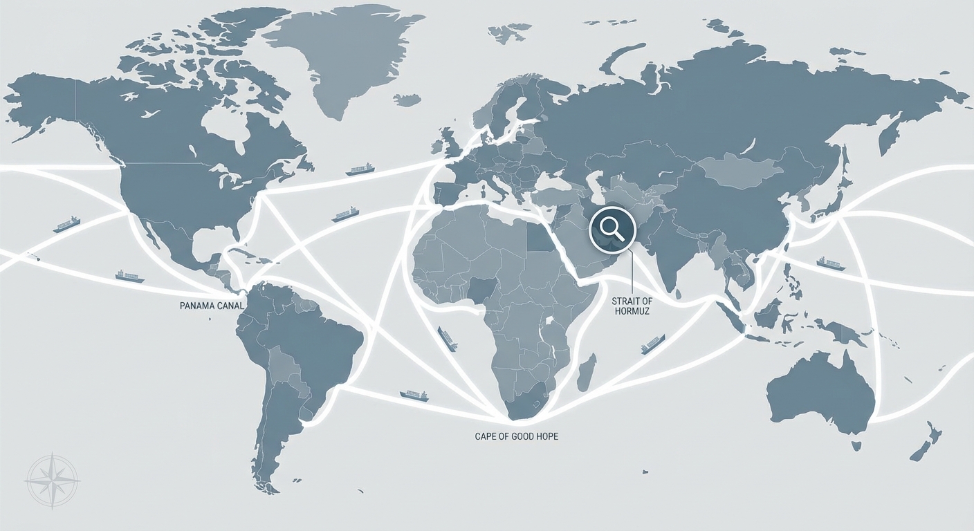 図解:ホルムズ海峡の位置と世界の主要海上輸送ルートの図