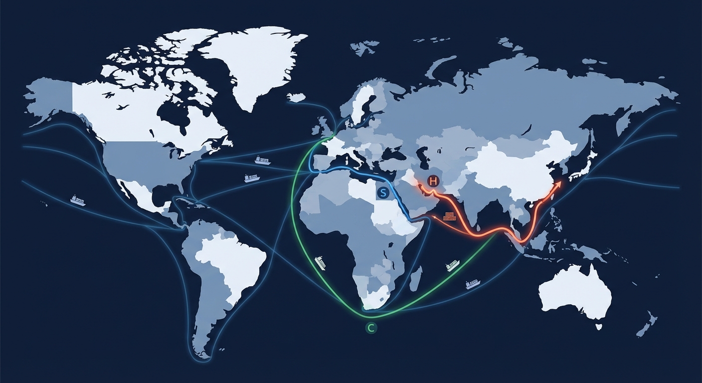 ホルムズ海峡を通過する主要航路と迂回ルート(スエズ運河経由・喜望峰経由)の比較図