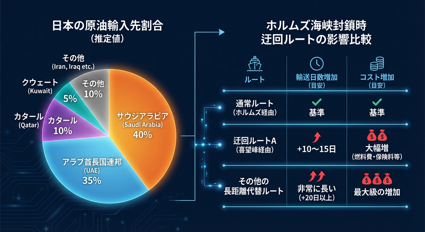 日本の原油輸入先の割合と、ホルムズ海峡封鎖による迂回ルートの輸送日数・コスト増加の比較表