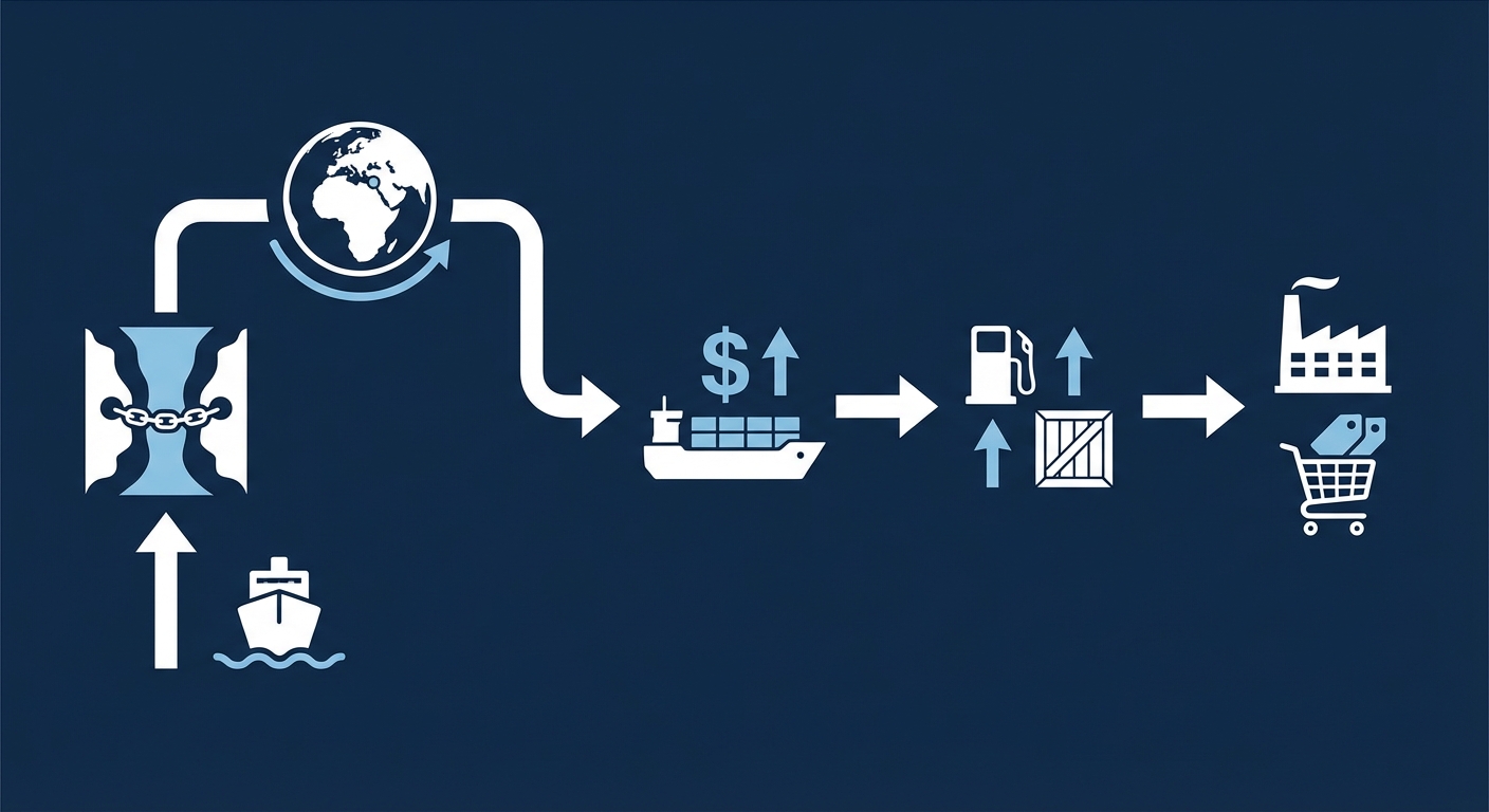 ホルムズ海峡封鎖が海運・エネルギー市場に与える影響の連鎖図(封鎖→迂回増加→用船料上昇→燃料・輸送コスト増→製造業・消費者へのコスト転嫁)