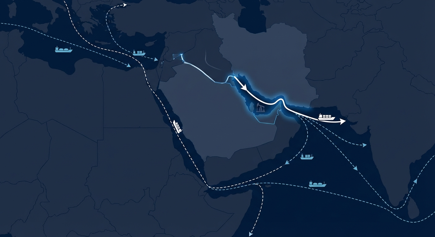 ホルムズ海峡の地理的位置と主要エネルギー輸送ルートの図