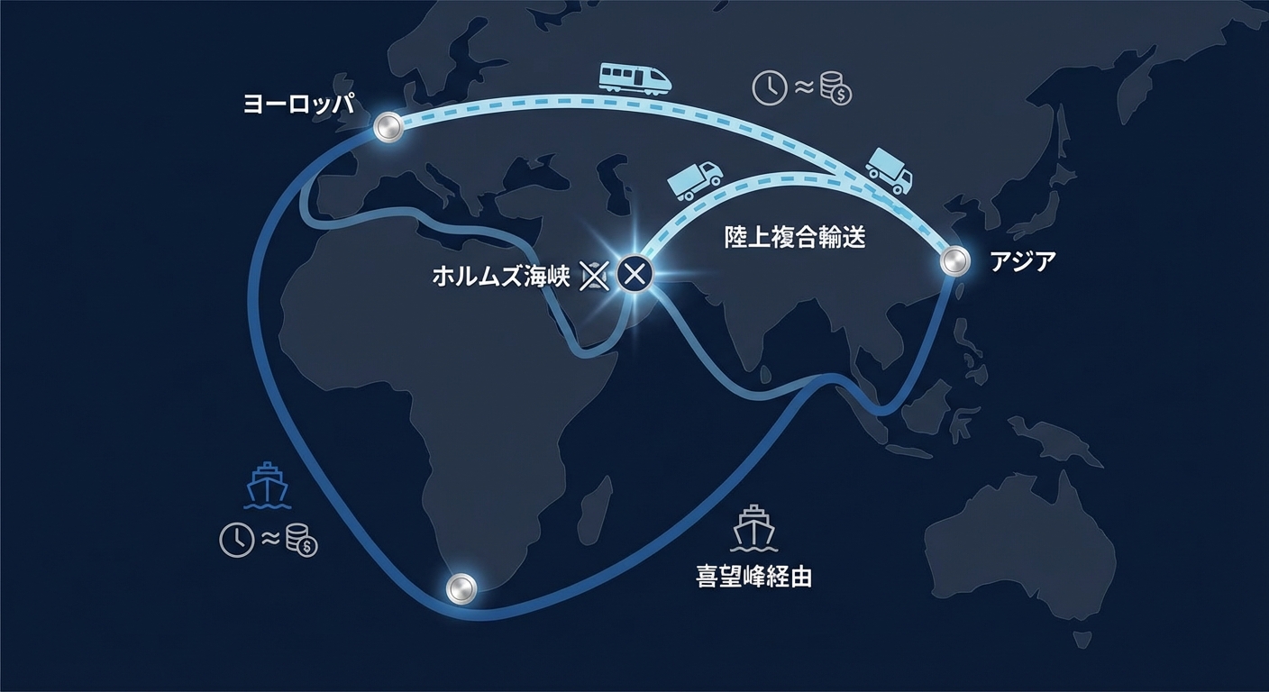 ホルムズ海峡回避の代替ルート比較図（喜望峰経由・陸上複合輸送等）