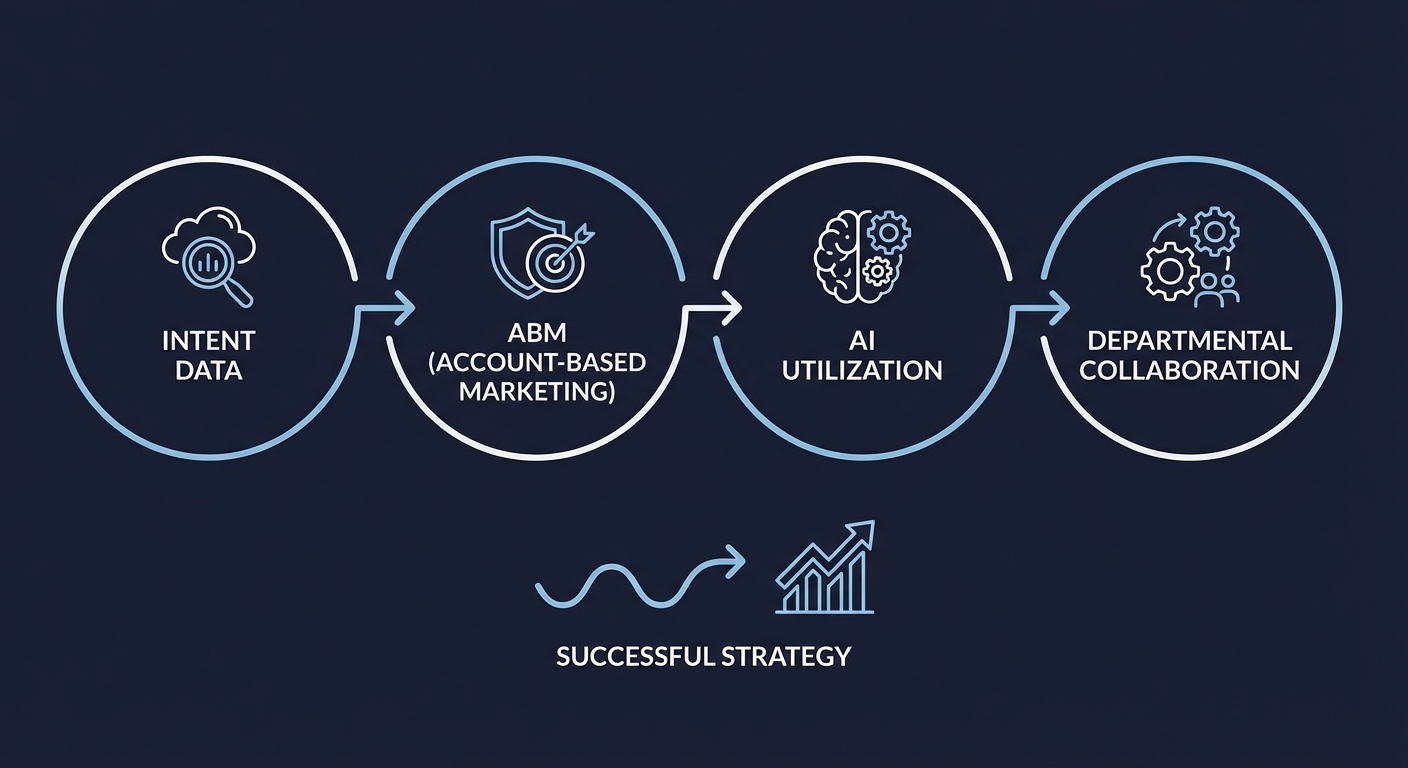 勝ち組企業の営業・マーケティング戦略の全体像(インテントデータ→ABM→AI活用→部門連携のフロー図)