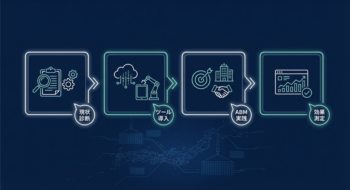 日本の物流企業がAI・デジタル活用で競争力を高めるためのステップ図(現状診断→ツール導入→ABM実践→効果測定)