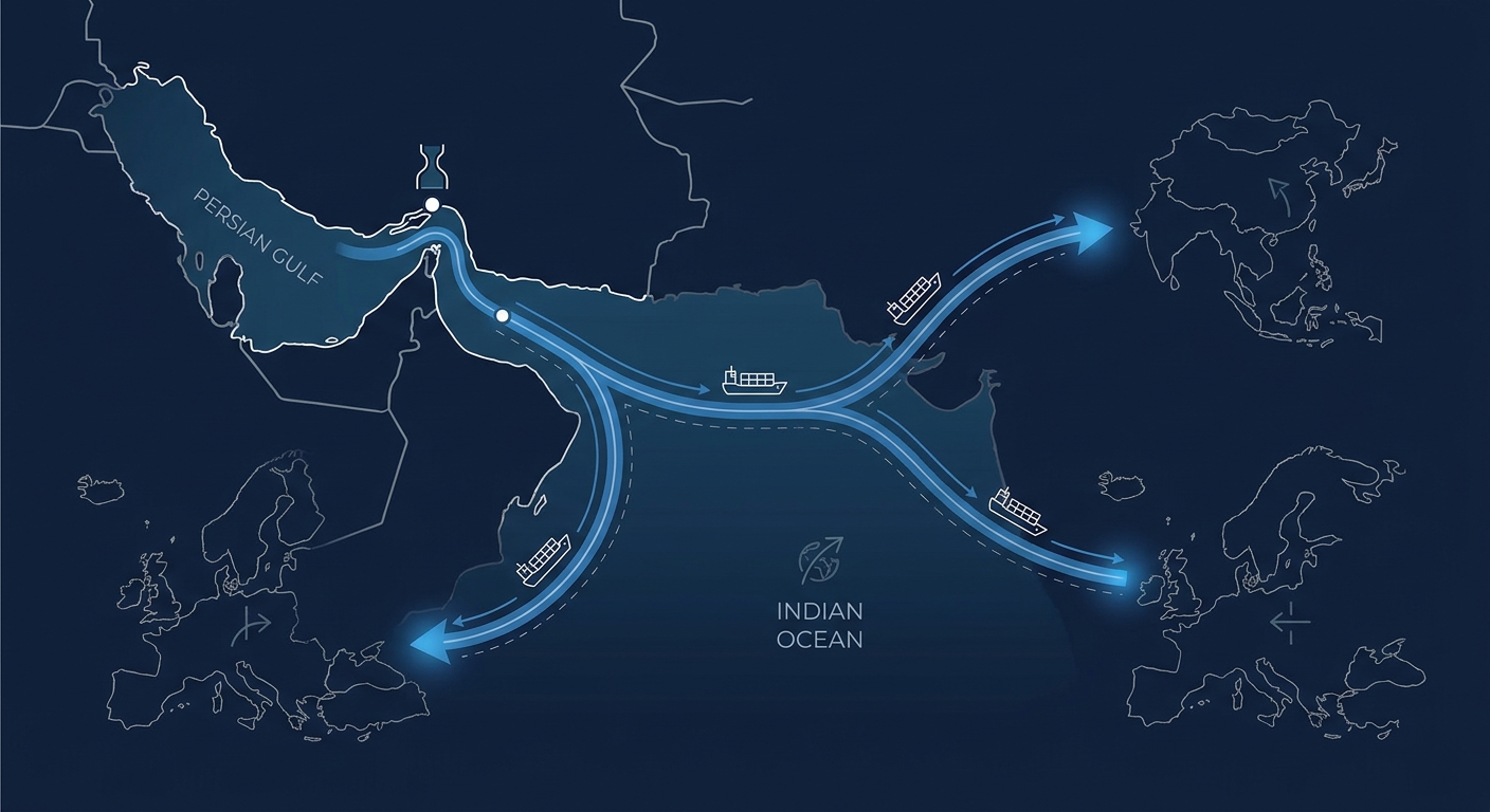 ホルムズ海峡の位置と主要航路図（ペルシャ湾〜インド洋〜アジア・欧州）