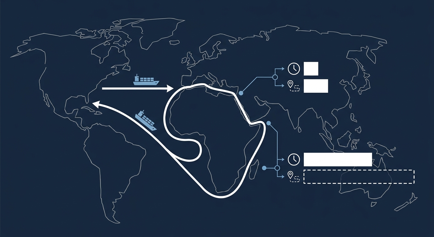 迂回ルート比較図（ホルムズ通常航路 vs 大回り迂回ルート、所要日数・距離の比較）