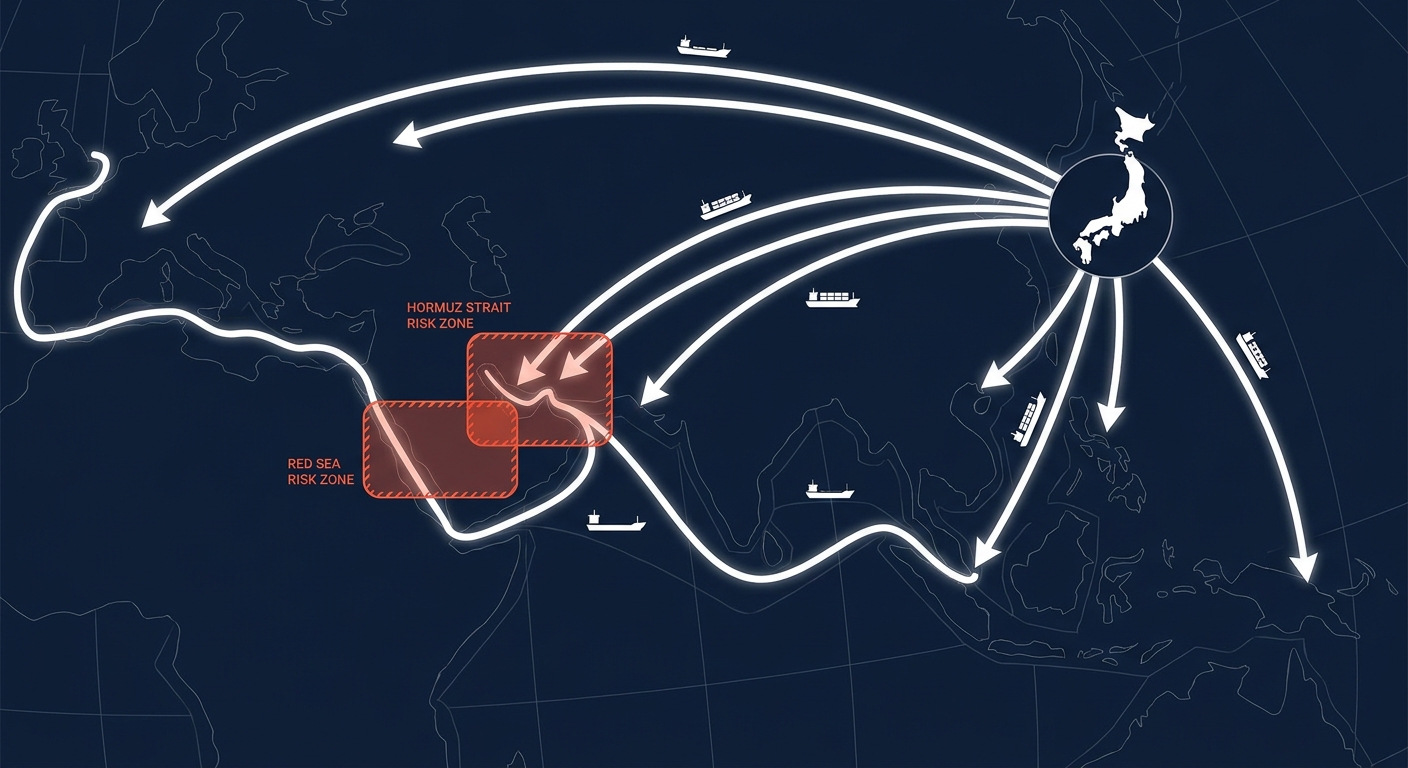 日本発着の主要貿易航路とホルムズ海峡・紅海リスクゾーンの重複マップ