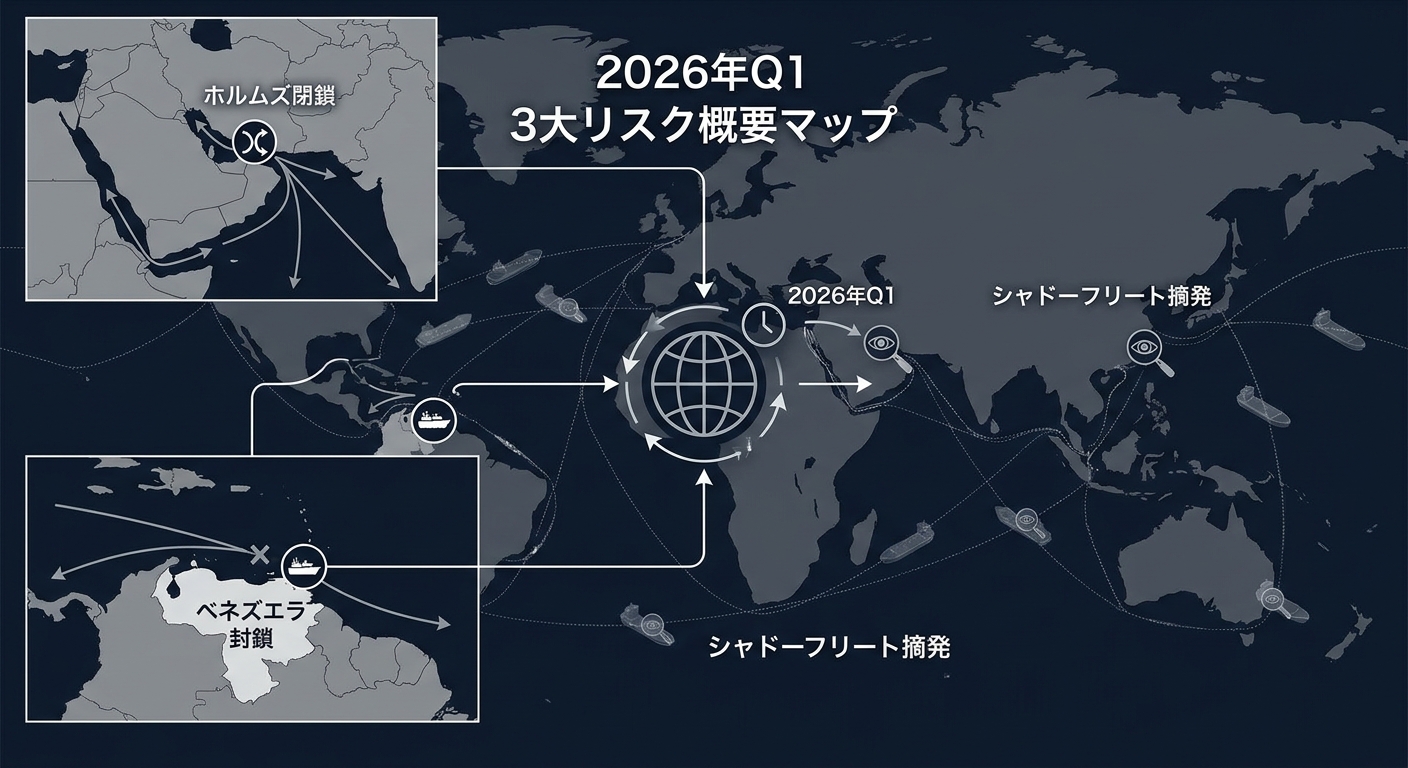 2026年Q1に同時発生した3大リスクの概要マップ（ホルムズ閉鎖・ベネズエラ封鎖・シャドーフリート摘発の位置と関係性）