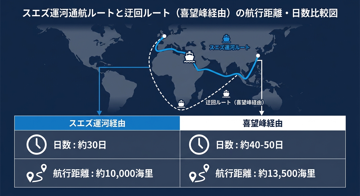 スエズ運河通航ルートと迂回ルート（喜望峰経由）の航行距離・日数比較図