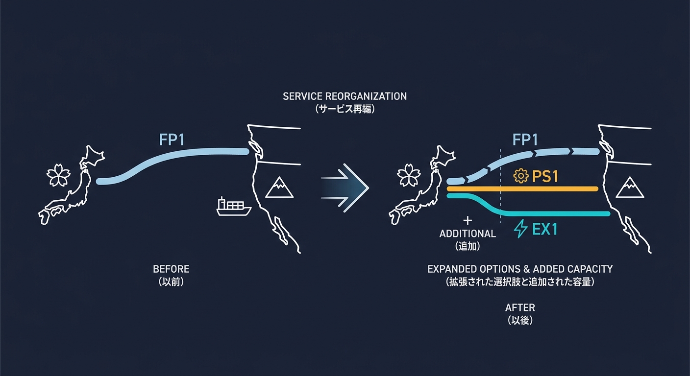 日本発北米西岸向けサービス再編の変化（FP1→PS1・EX1追加の概念図）