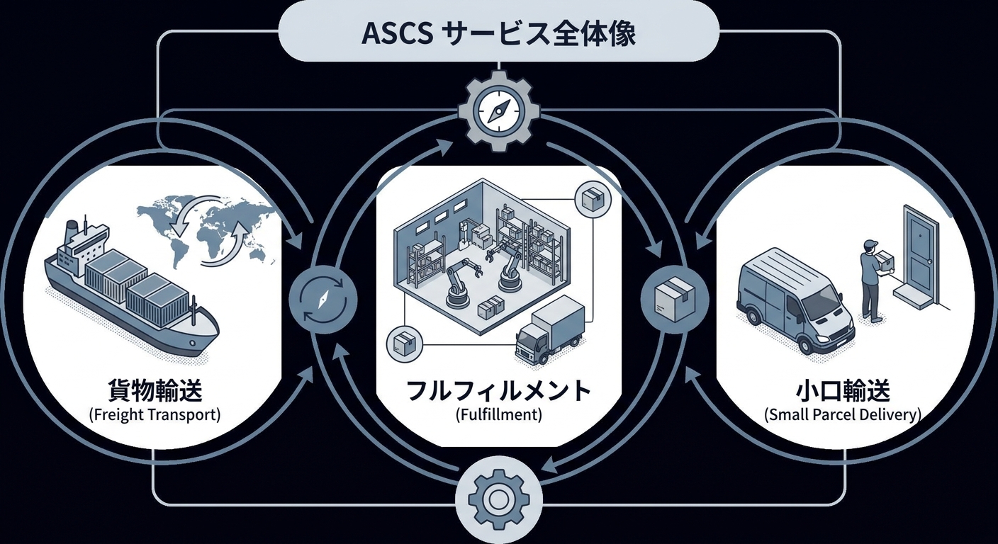 ASCSのサービス全体像（貨物輸送・フルフィルメント・小口輸送の3本柱）