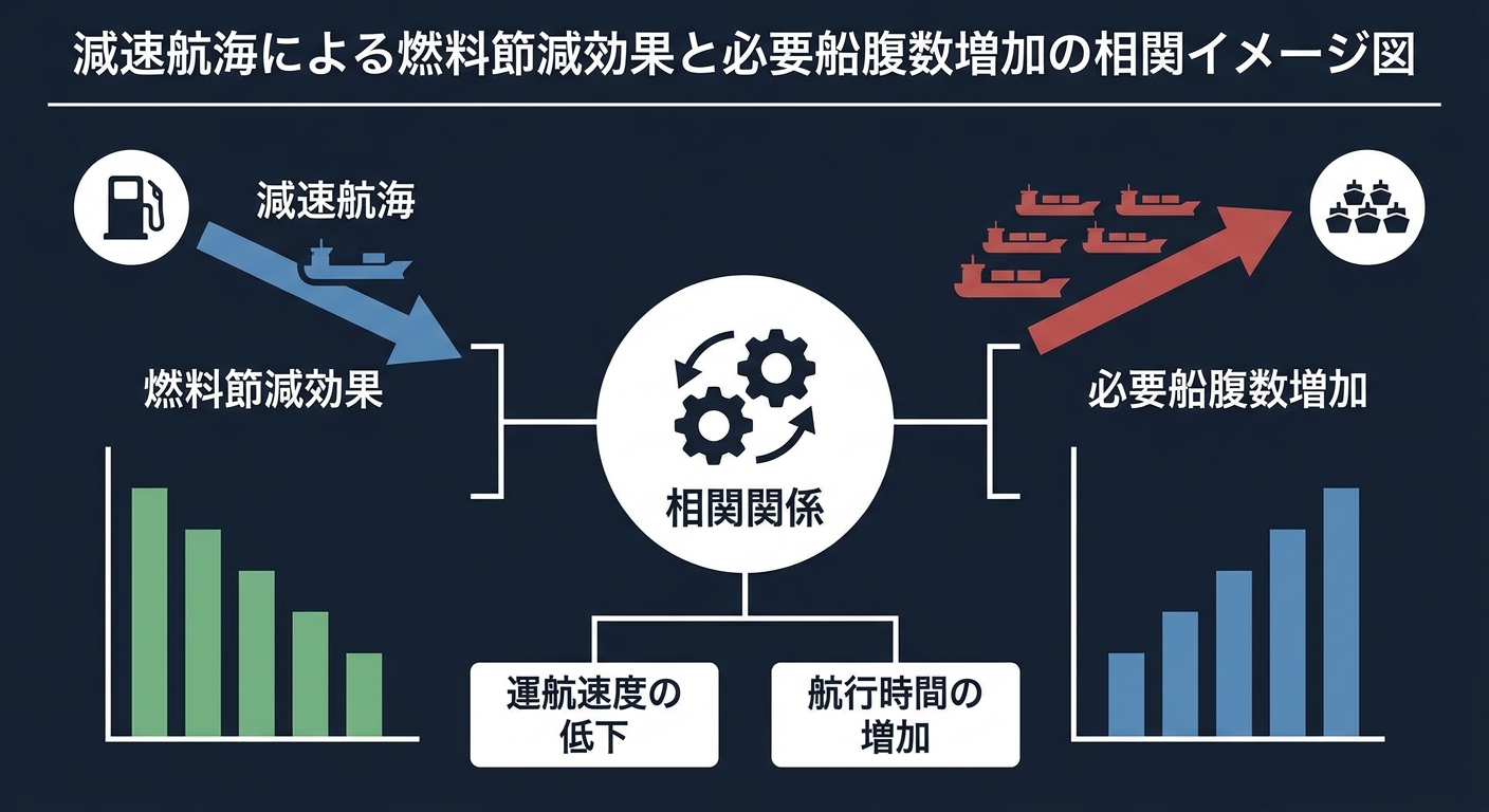 減速航海による燃料節減効果と必要船腹数増加の相関イメージ図